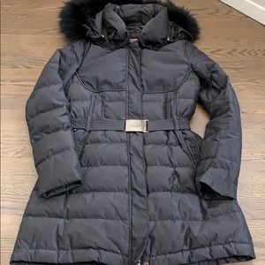 ADD navy down puffer coat with rabbit fur hood